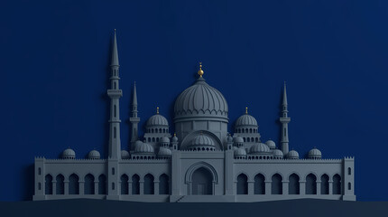 3d illustration of mosque on blue background. 3d rendering. Geometric mosque illustration with bold layers and modern flat design style