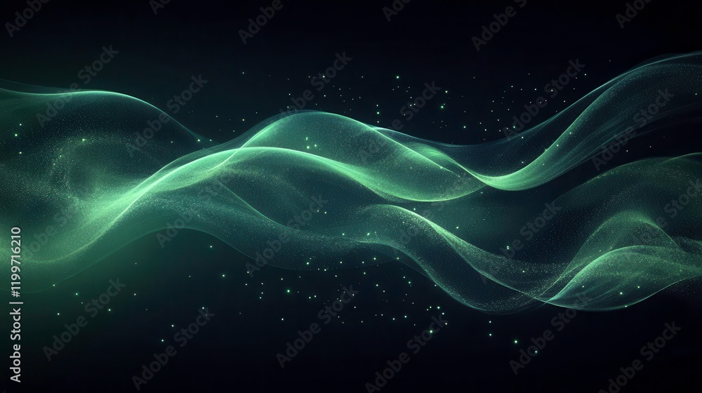 Poster a flowing, ethereal wave of green light and particles, set against a dark background, creating a sen
