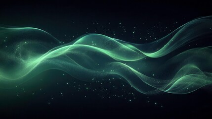 Fototapeta premium A flowing, ethereal wave of green light and particles, set against a dark background, creating a sense of depth and tranquility.