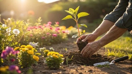 Planting a young seedling in a colorful flower garden during sunset