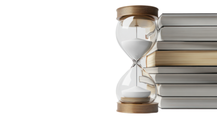 An hourglass placed next to stacked books, symbolizing time management and knowledge, with a clean white background for impactful imagery.