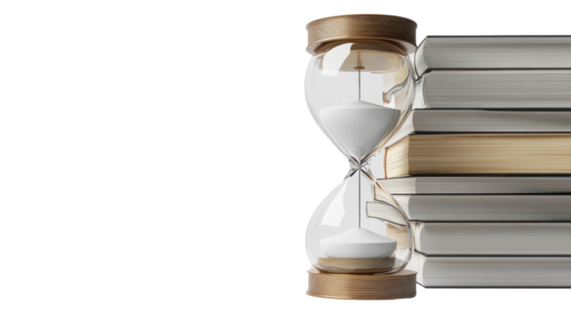An hourglass placed next to stacked books, symbolizing time management and knowledge, with a clean white background for impactful imagery.