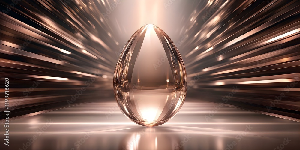 Poster a glossy, transparent teardrop-shaped object surrounded by radiant beams of light, creating a sense 