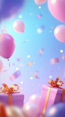 Festive birthday celebration with balloons and presents bright atmosphere colorful setup joyful vibes whimsical theme