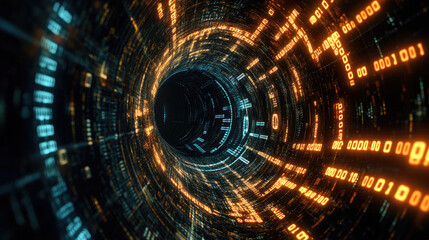 A digital tunnel with glowing binary code, representing data flow and technology.