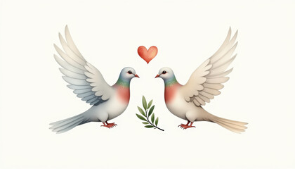 Two Doves with Olive Branch and Heart for World Peace Day