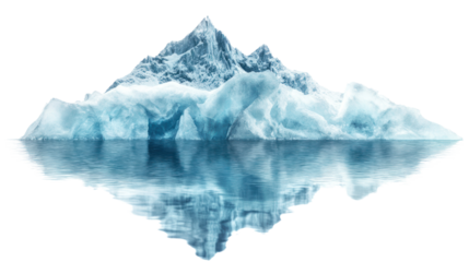 A stunning iceberg floating on calm waters, reflecting its majestic shape and icy blue hues. A perfect representation of nature's beauty and serenity.