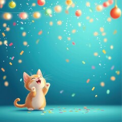 Fototapeta premium Joyful cat celebrating with colorful confetti in a festive indoor setup whimsical environment playful perspective animated concept