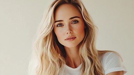 Fototapeta premium Beautiful blonde woman with bright eyes in white t-shirt promoting dental clinic. Smile and oral health advertisement with light background, dental care concept.