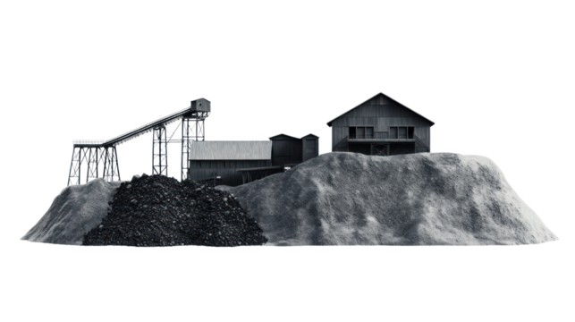 Abandoned coal mine structure on a hill, showcasing mining equipment and a weathered building against a stark white background.