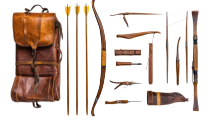 A collection of vintage archery equipment, including a bow, arrows, and leather backpack, arranged neatly against a white background.