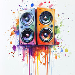Watercolor music speaker, a Bluetooth  audio electronics, watercolor illustration, lively tones, isolated on white background 
