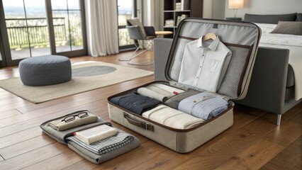 A suitcase being packed with clothes and accessories for a trip