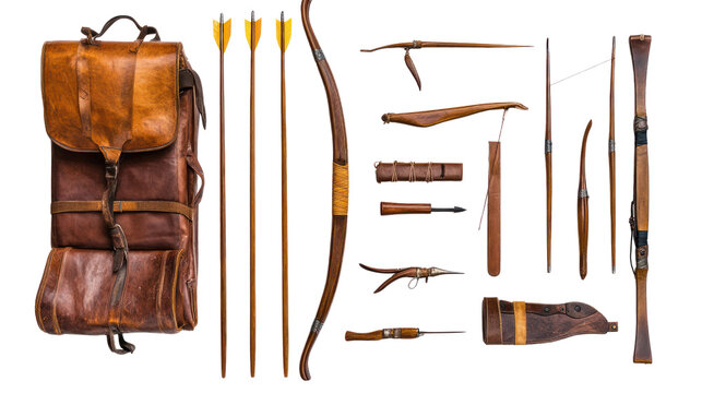 A collection of vintage archery equipment, including a bow, arrows, and leather backpack, arranged neatly against a white background.