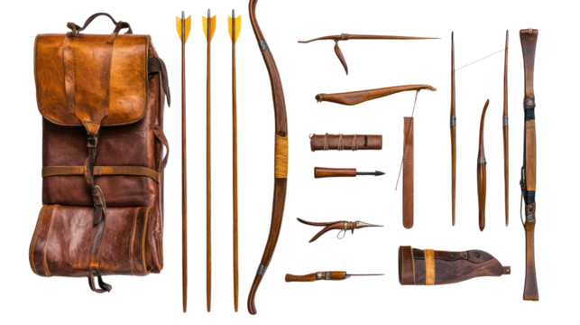 A collection of vintage archery equipment, including a bow, arrows, and leather backpack, arranged neatly against a white background.