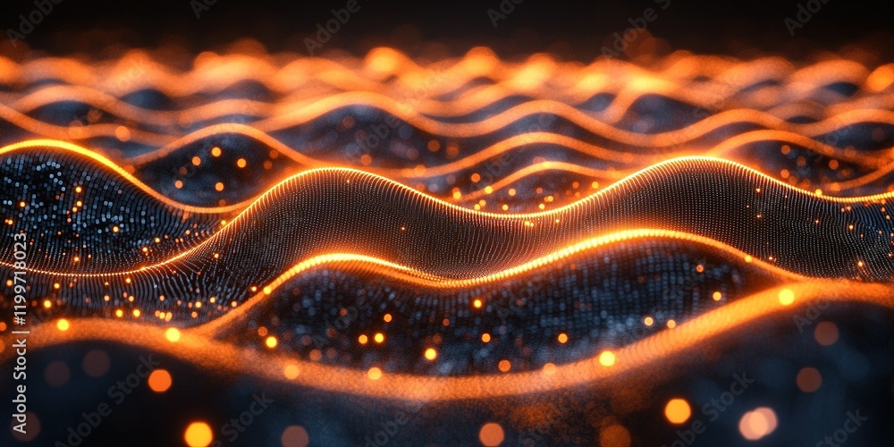 Poster abstract digital landscape with glowing waves and particles in a mesmerizing pattern