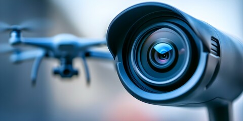 A close-up of a camera lens in focus, with a drone partially visible in the background, suggesting aerial photography equipment. Concept Camera Lens Detail, Aerial Photography Gear, Drone Equipment