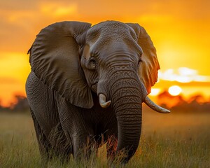 Naklejka premium Majestic African elephant at sunset in savanna.