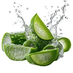 Aloe vera slices splashing with water, isolated on transparent cutout background