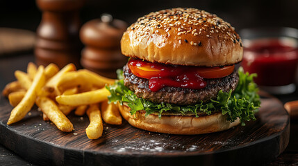 A close-up shot of a classic cheeseburger with lettuce, tomato, ketchup, and melted cheese, accompanied by crispy french fries, fast food, comfort food, burger, savory meal, food styling, gourmet food
