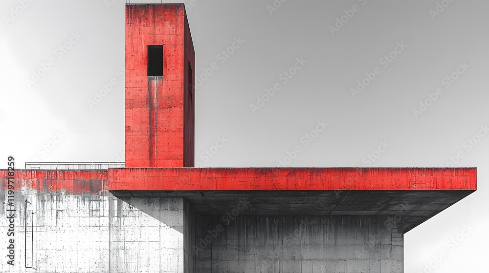 Aufkleber Abstract architectural structure featuring bold red accent combined with textured gray concrete, showcasing modern design principles and unique geometric shapes.