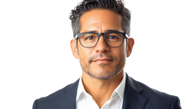 Confident businessman with glasses, dressed in a suit, showcasing a professional demeanor against a white background.