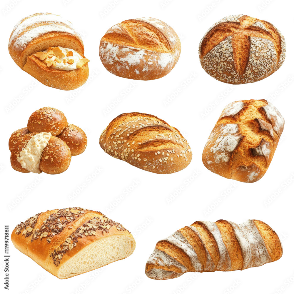 Poster assorted breads including baguette loaf and rolls displayed on a black background isolated on a whit
