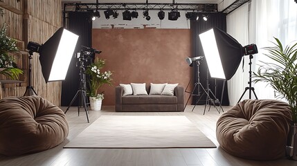 Photography studio setup with lights and sofa indoor space modern design