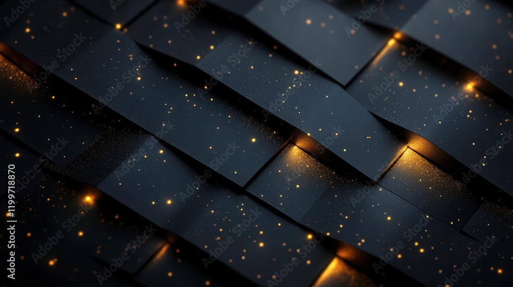 Poster a close-up of textured dark surfaces with scattered golden sparkles, creating a visually striking an
