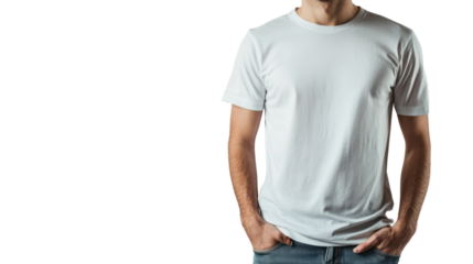 Casual man wearing a plain white t-shirt with hands in pockets against a black background, showcasing comfort and simplicity in fashion.