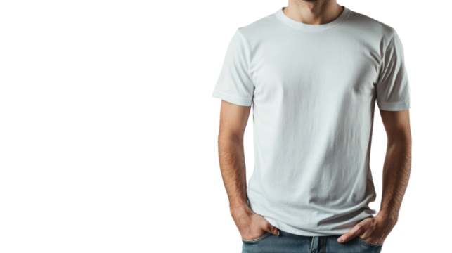 Casual man wearing a plain white t-shirt with hands in pockets against a black background, showcasing comfort and simplicity in fashion.