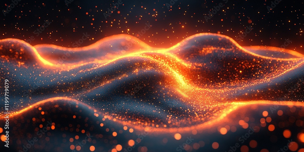 Poster Dynamic glowing waves of orange light create a mesmerizing visual effect in a dark environment