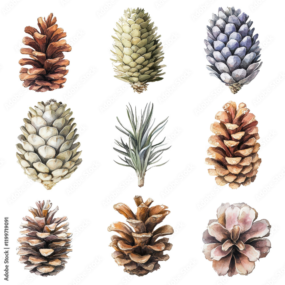 Poster collection of pine cones scattered on a natural background in a forest setting isolated on a white b