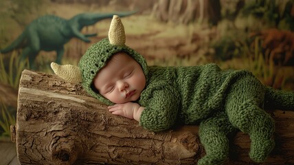 Obraz premium Baby sleeping in a dinosaur costume outfit.
