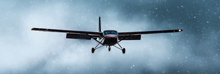 Small plane approaches in snowy weather.