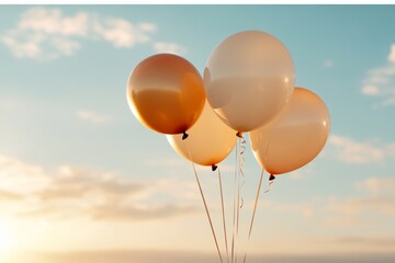 Fototapeta premium Colorful balloons floating against a bright sky during sunset, capturing a moment of joy and celebration