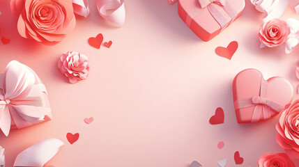 Whimsical Valentine's Day background with heart-shaped gift boxes and roses, in a pink and red color palette, vector art of varied paper hearts with bows, floral embellishments, soft lighting, cute pa