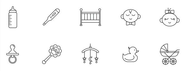  Line Art Icons Representing Baby and Nursery Items