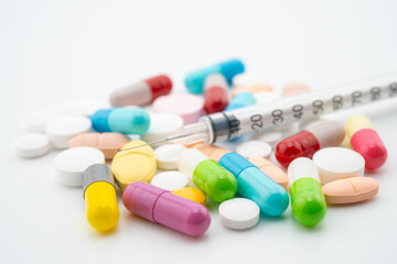 DRUG, medicine antibiotic pills, tablets and capsules.