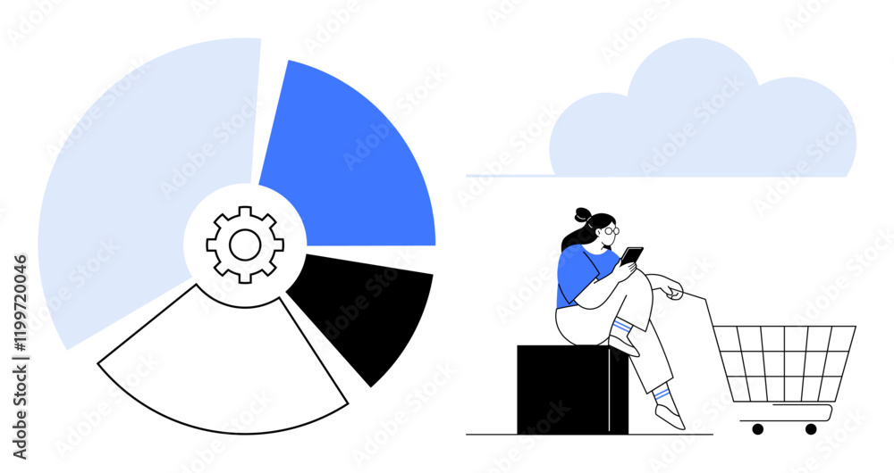 Poster pie chart with four segments emphasizes data visualization, gear in the center indicates analytics. 