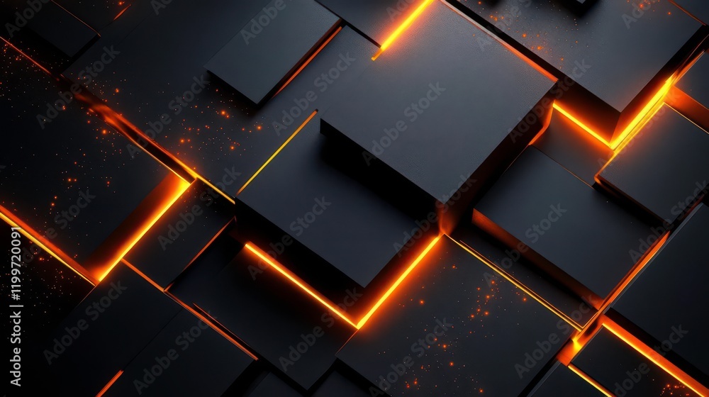 Poster a sleek, abstract design featuring dark rectangular shapes with glowing orange lines, creating a mod
