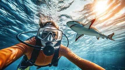 underwater selfie of a female scuba diver wearing an orange wetsuit diving mask, capturing a moment with a shark swimming nearby in waters illuminated by sunlight rays filtering through the surface