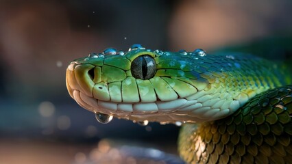 Fototapeta premium Close-up of a vibrant green snake with water droplets on its scales Intricate details of its head and eye are visible