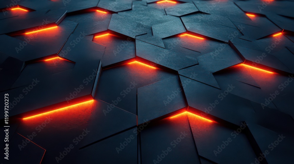 Poster a dark, textured surface with glowing orange lines illuminating hexagonal patterns, creating a moder