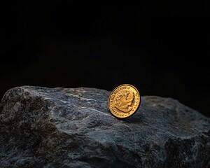 Golden coin rests on a dark stone