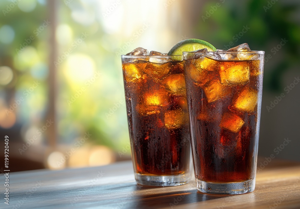 Poster refreshing glasses of cold cola with ice cubes and lime slices on a wooden table in a bright and inv