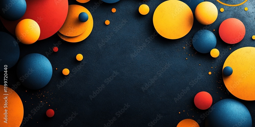Poster colorful abstract design featuring circular shapes in various sizes against a dark background