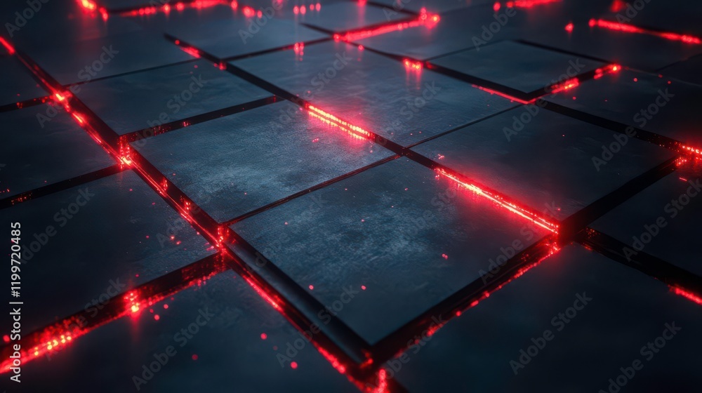 Poster a dark, textured surface with illuminated red lines creating a grid pattern, evoking a futuristic an