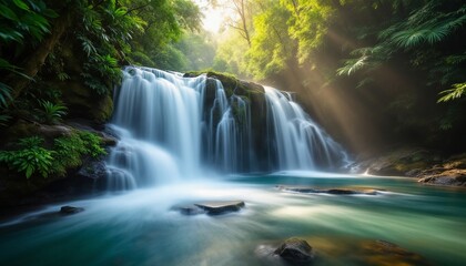 Obraz premium Serene Waterfall Cascading into Pool Surrounded by Lush Greenery