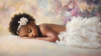Sleeping girl in whimsical pastel setting.